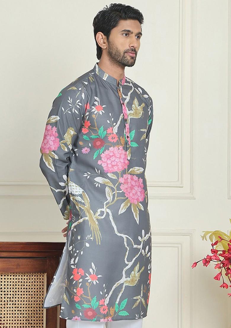 Grey Printed Poly Blend Kurta For Men