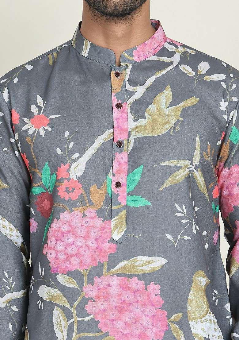 Grey Printed Poly Blend Kurta For Men - Indya