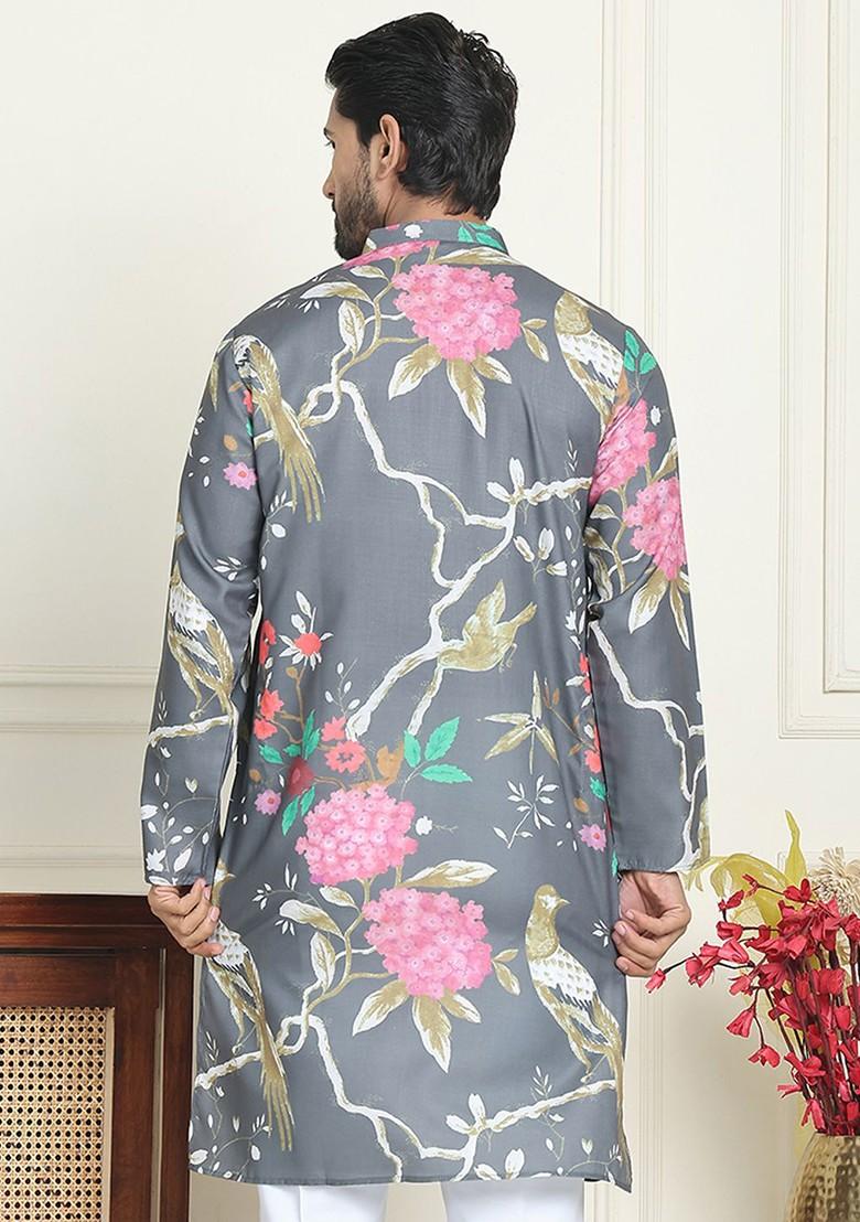 Grey Printed Poly Blend Kurta For Men