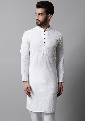White Embroidered Poly Blend Kurta For Men