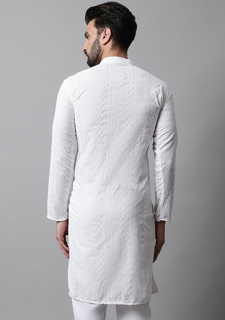 White Embroidered Poly Blend Kurta For Men