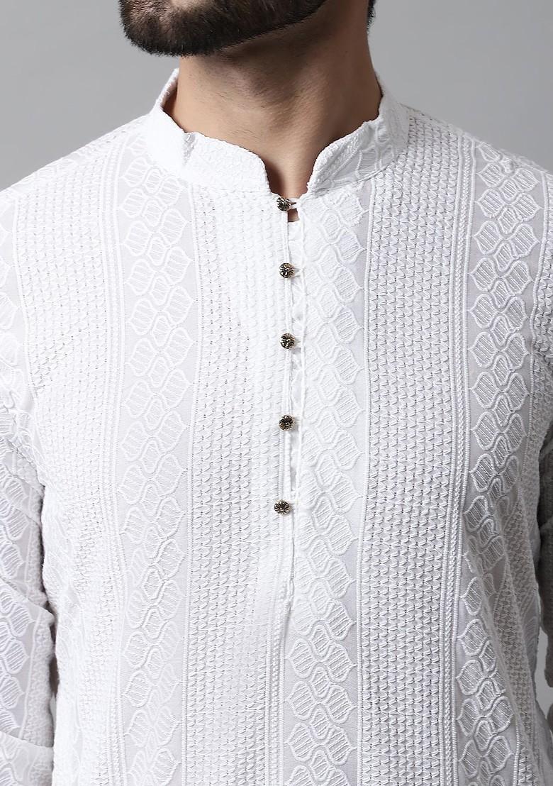 White Embroidered Poly Blend Kurta For Men