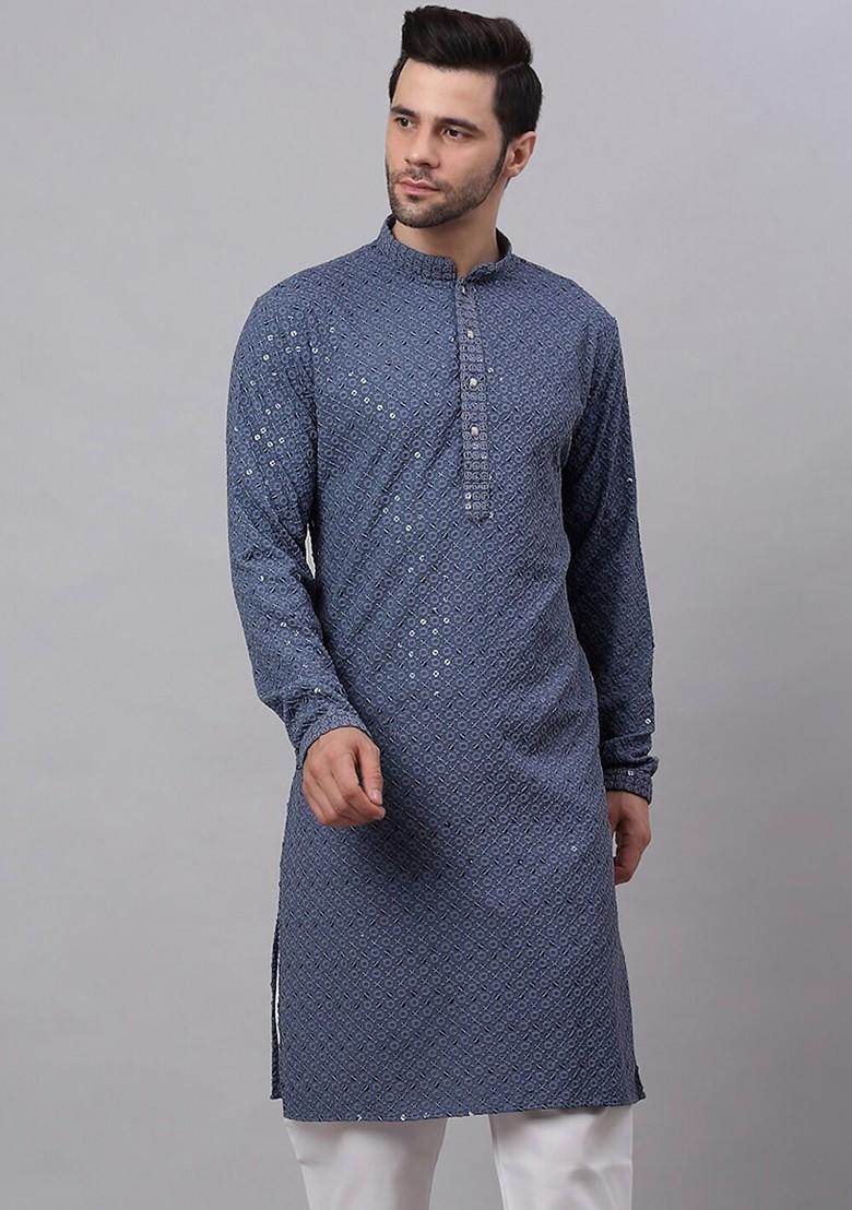 Grey Embroidered Poly Blend Kurta For Men