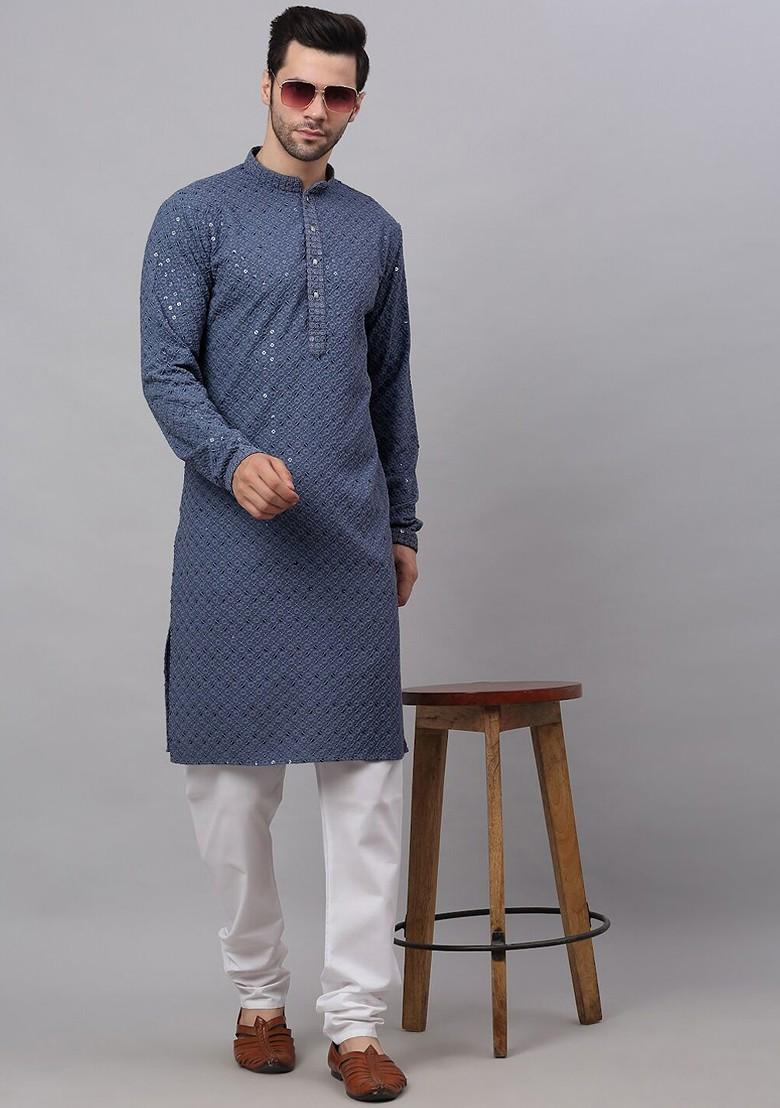 Grey Embroidered Poly Blend Kurta For Men