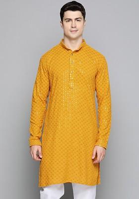 Mustard Yellow Embroidered Poly Blend Kurta For Men