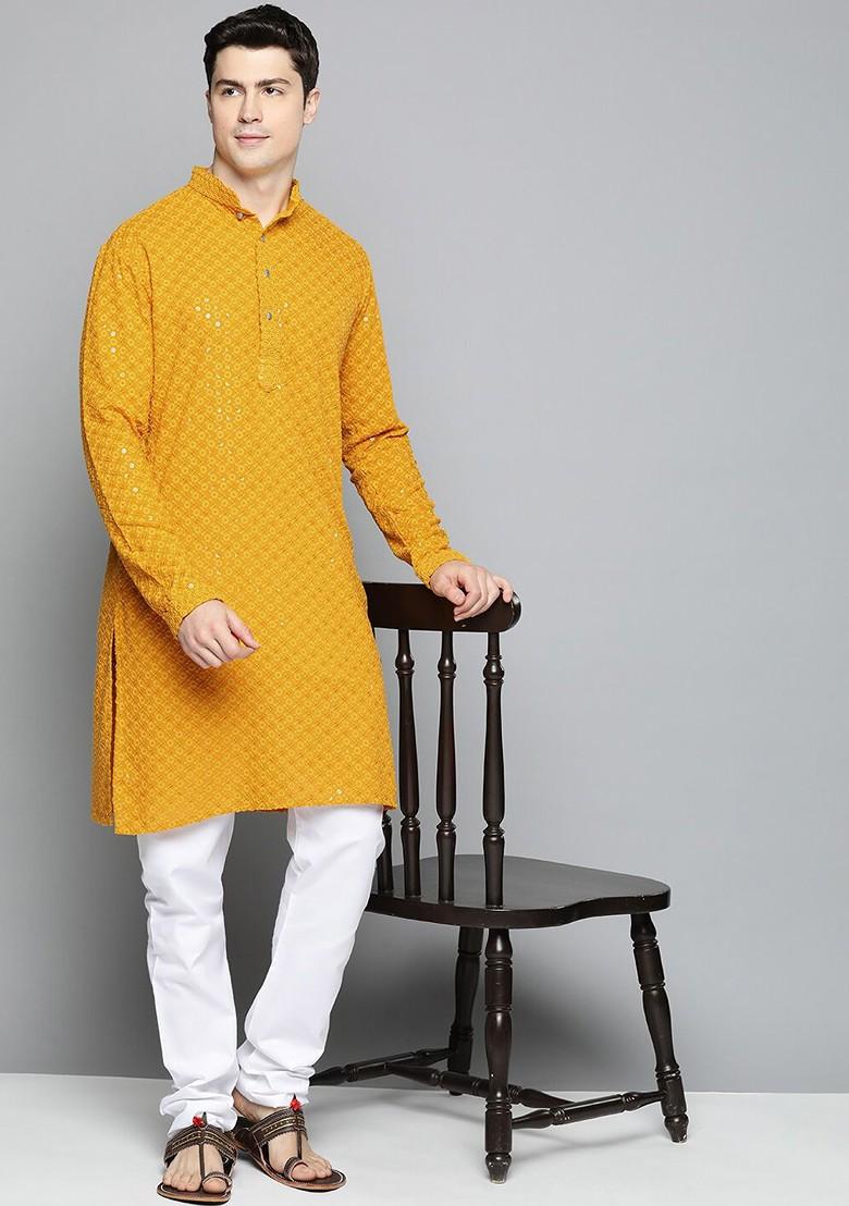 Mustard Yellow Embroidered Poly Blend Kurta For Men