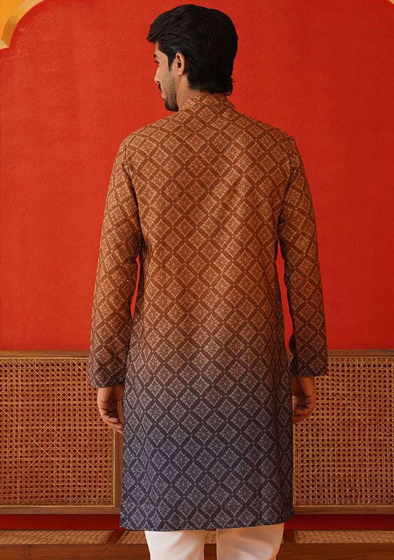 Brown Printed Poly Blend Kurta For Men - Indya