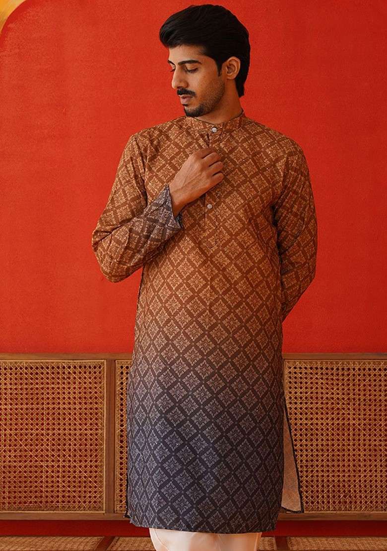 Brown Printed Poly Blend Kurta For Men - Indya