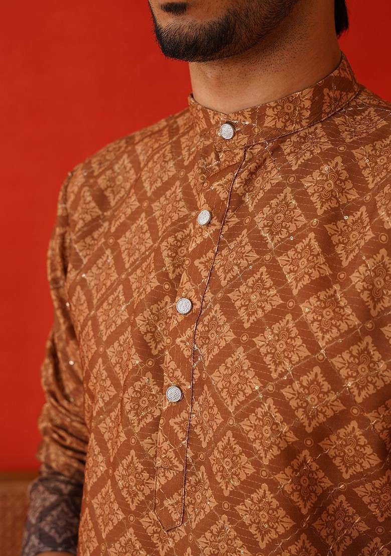 Brown Printed Poly Blend Kurta For Men - Indya