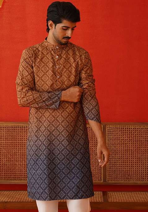 Brown Printed Poly Blend Kurta For Men