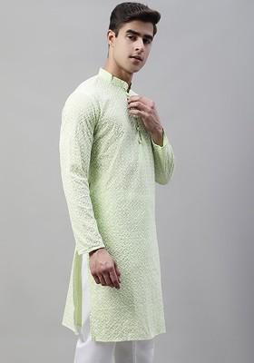 Green Embroidered Poly Blend Kurta For Men