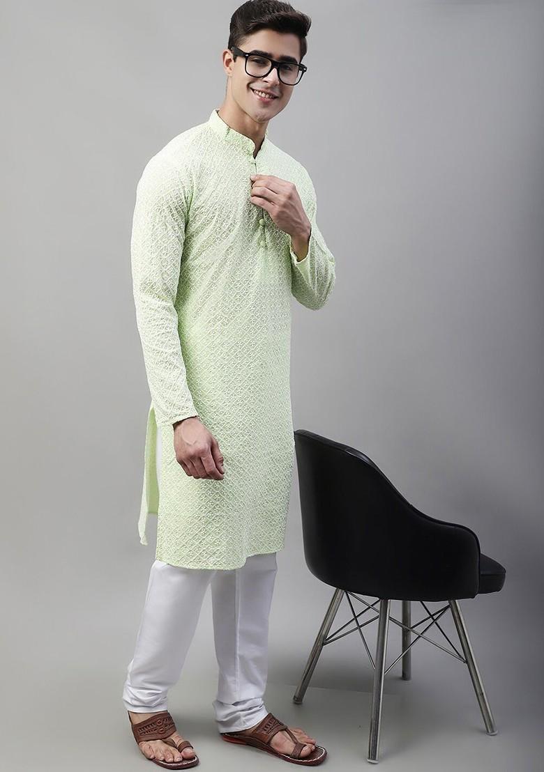 Green Embroidered Poly Blend Kurta For Men