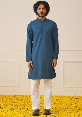 Teal Blue Embroidered Poly Blend Kurta For Men