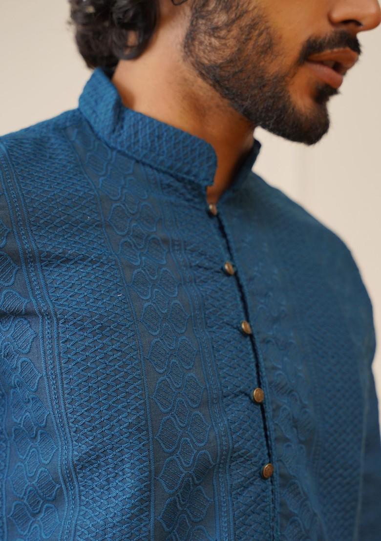 Teal Blue Embroidered Poly Blend Kurta For Men