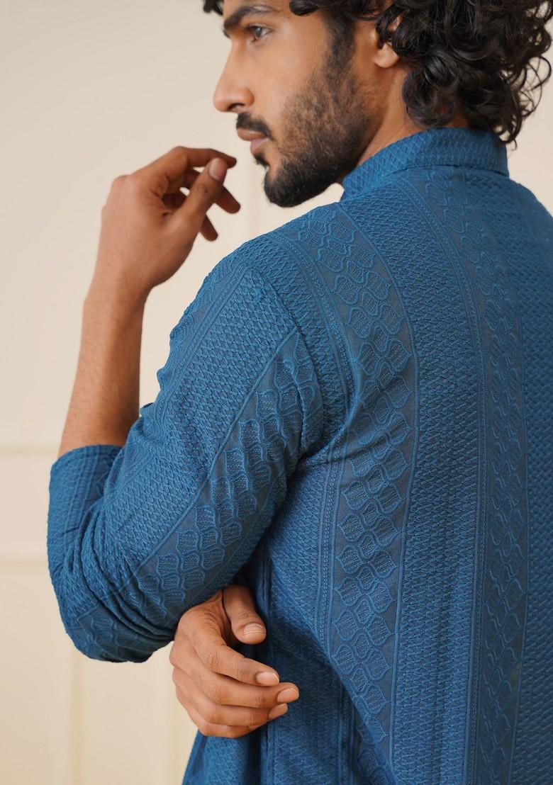 Teal Blue Embroidered Poly Blend Kurta For Men