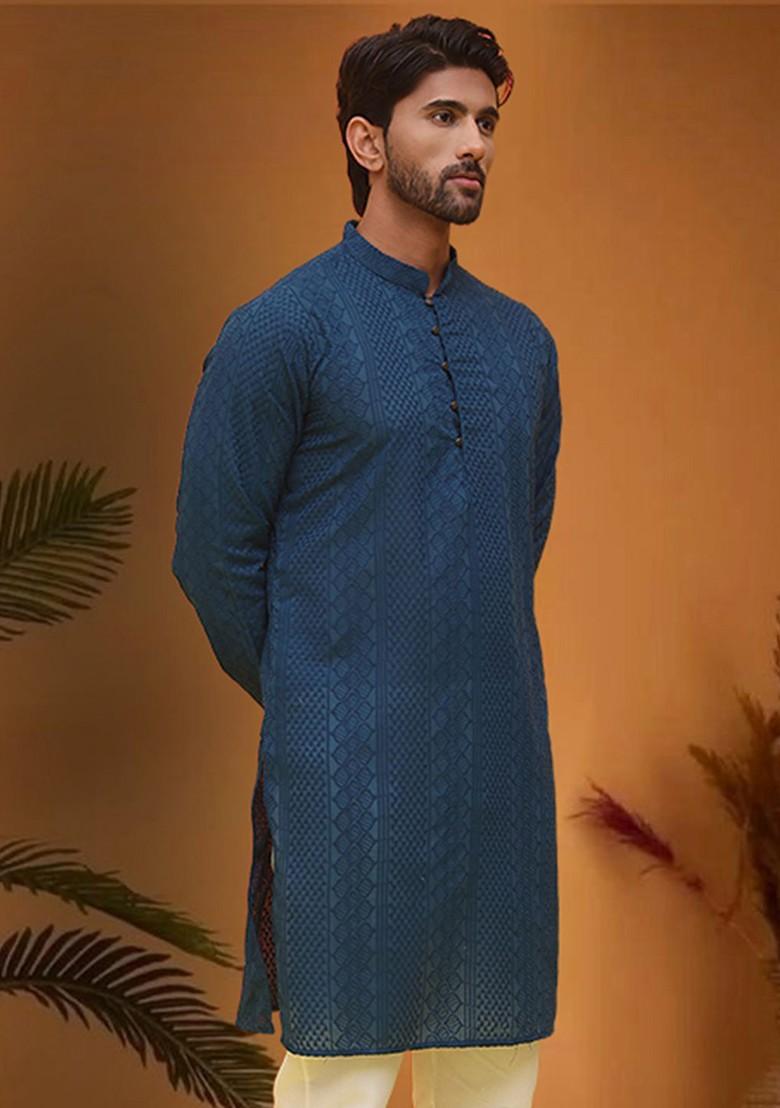 Teal Blue Embroidered Poly Blend Kurta For Men