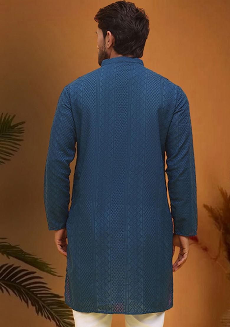 Teal Blue Embroidered Poly Blend Kurta For Men