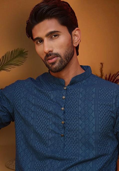 Teal Blue Embroidered Poly Blend Kurta For Men — view on Indya