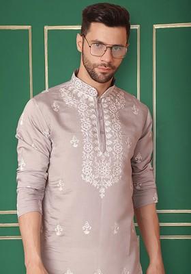 Grey Embroidered Poly Blend Kurta For Men