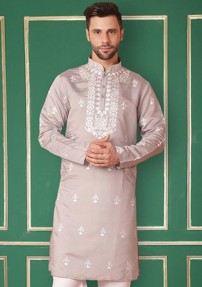 Grey Embroidered Poly Blend Kurta For Men