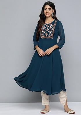 Navy Blue Embroidered Poly Blend Kurta For Men