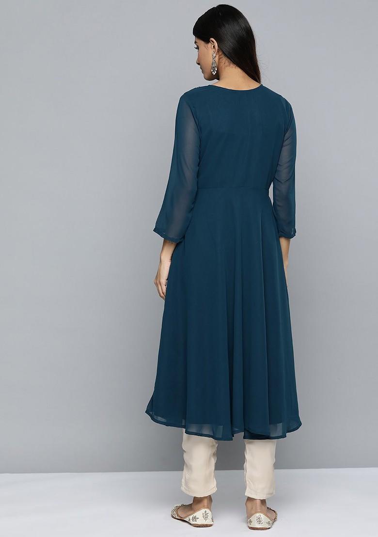 Navy Blue Embroidered Poly Blend Kurta For Men