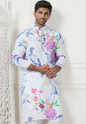White Printed Poly Blend Kurta For Men