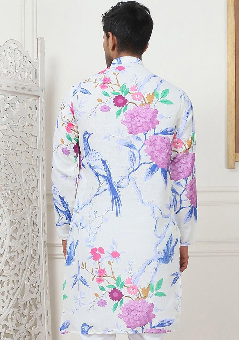 White Printed Poly Blend Kurta For Men