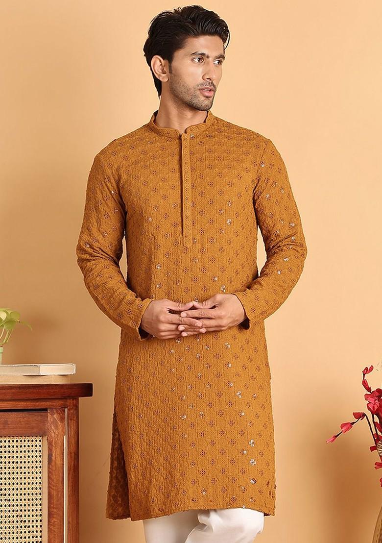Mustard Yellow Embroidered Poly Blend Kurta For Men