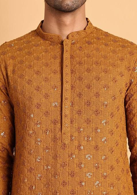 Men Mustard Yellow Slub Striped Embroidered Kurta Pyjama main image 1