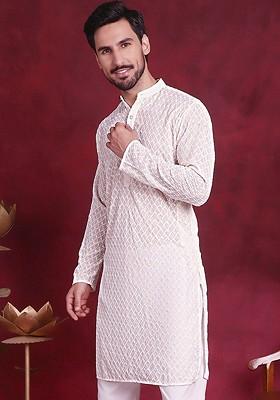 White Embroidered Poly Blend Kurta For Men