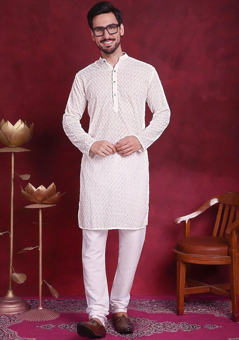 White Embroidered Poly Blend Kurta For Men