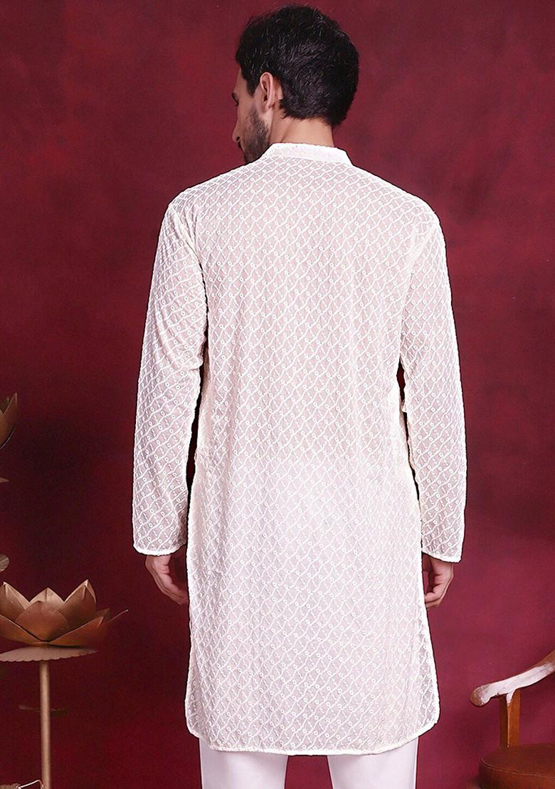 White Embroidered Poly Blend Kurta For Men