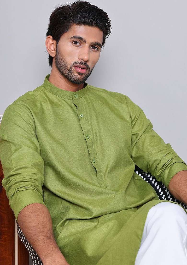 Olive Embroidered Poly Blend Kurta For Men - Indya