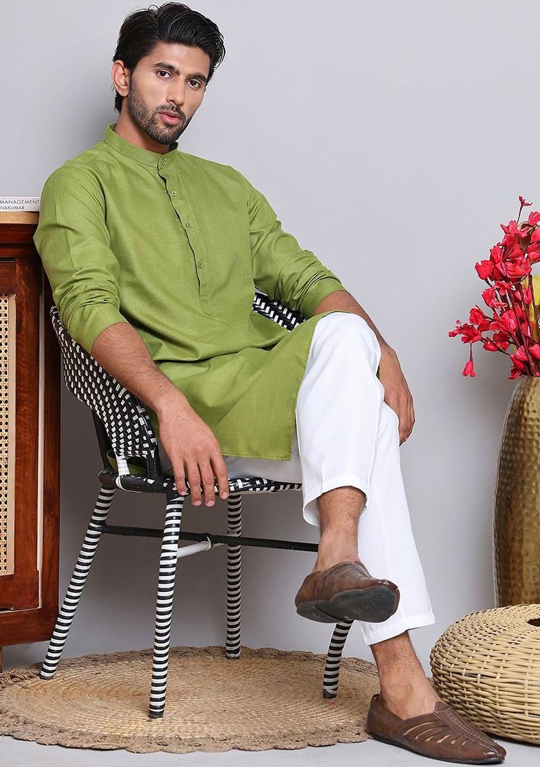 Olive Embroidered Poly Blend Kurta For Men
