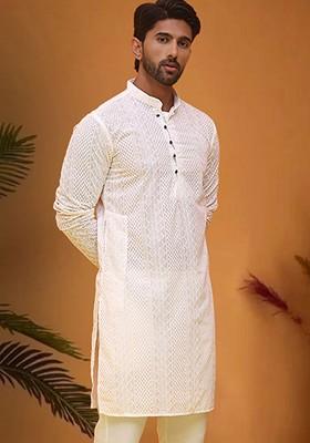 White Embroidered Poly Blend Kurta For Men