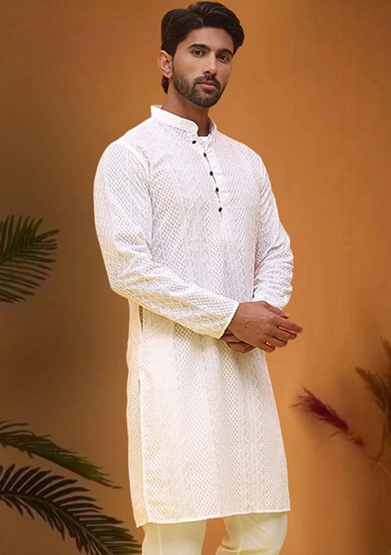 White Embroidered Poly Blend Kurta For Men