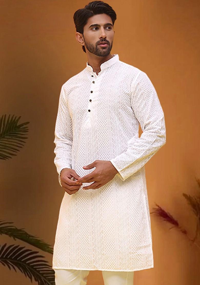 White Embroidered Poly Blend Kurta For Men