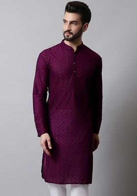 Purple Embroidered Poly Blend Kurta For Men