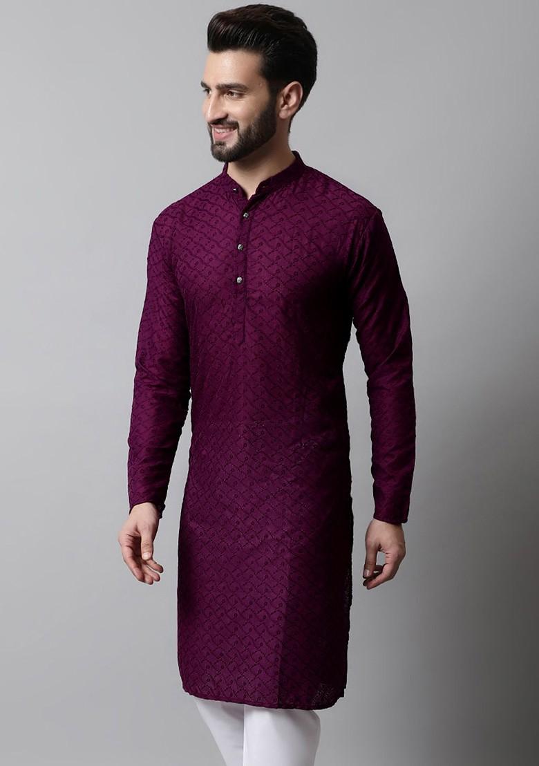 Purple Embroidered Poly Blend Kurta For Men