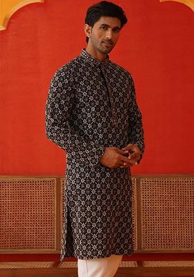 Navy Blue Embroidered Poly Blend Kurta For Men