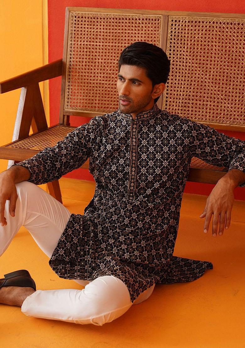 Navy Blue Embroidered Poly Blend Kurta For Men