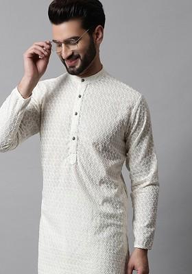 Cream Woven Design Poly Blend Kurta For Men