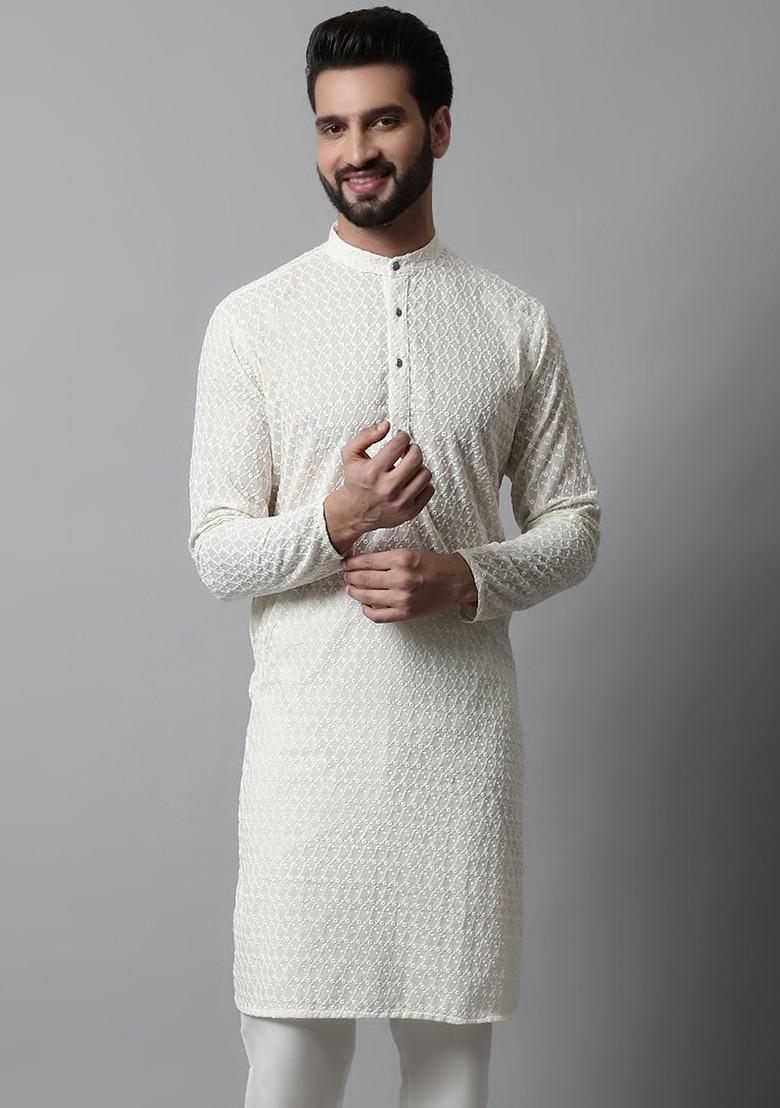Cream Woven Design Poly Blend Kurta For Men
