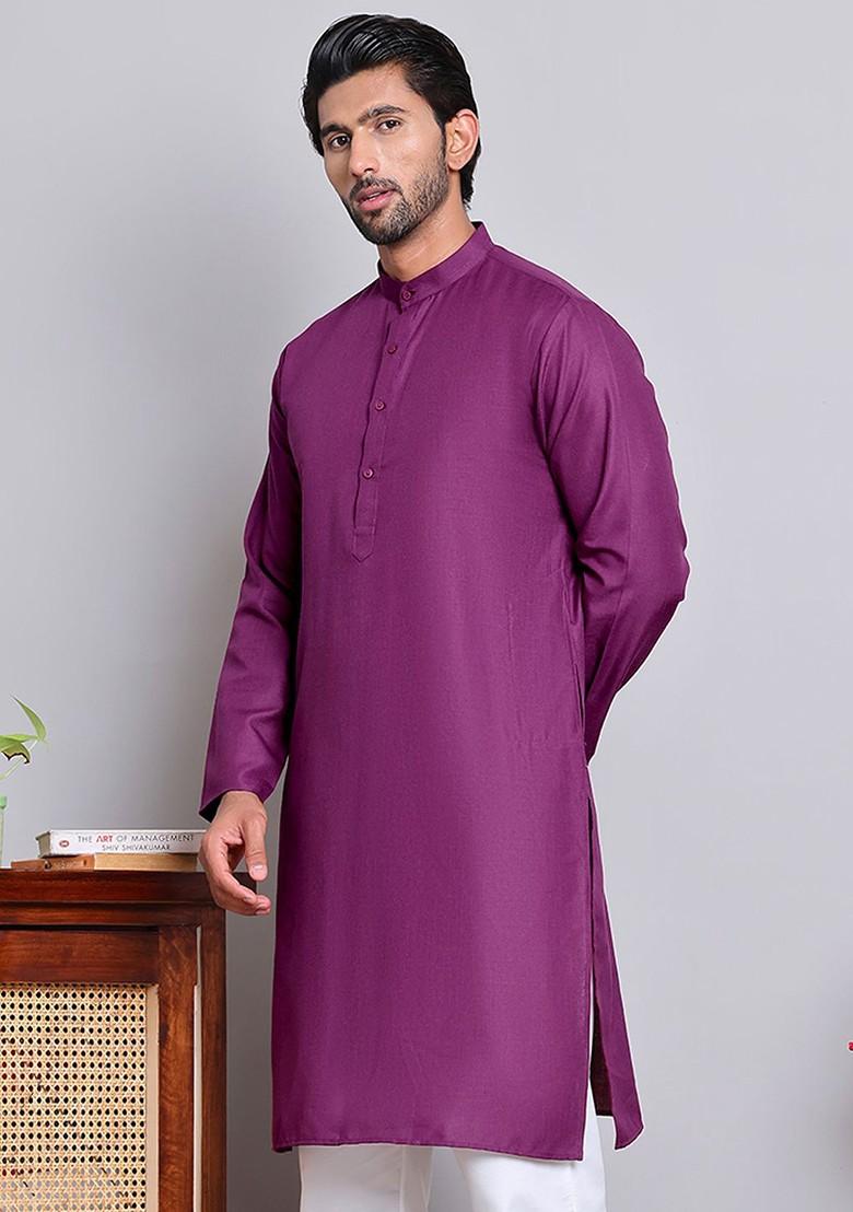 Purple Embroidered Poly Blend Kurta For Men