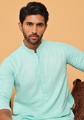 Turquoise Blue Embroidered Poly Blend Kurta For Men