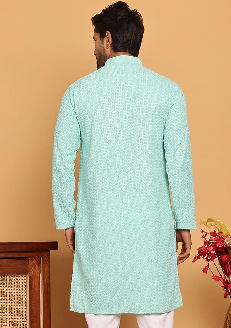 Turquoise Blue Embroidered Poly Blend Kurta For Men