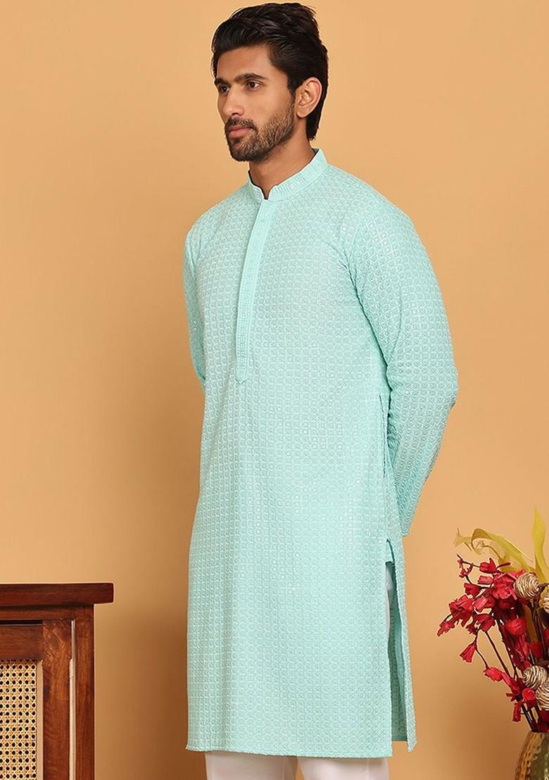 Turquoise Blue Embroidered Poly Blend Kurta For Men