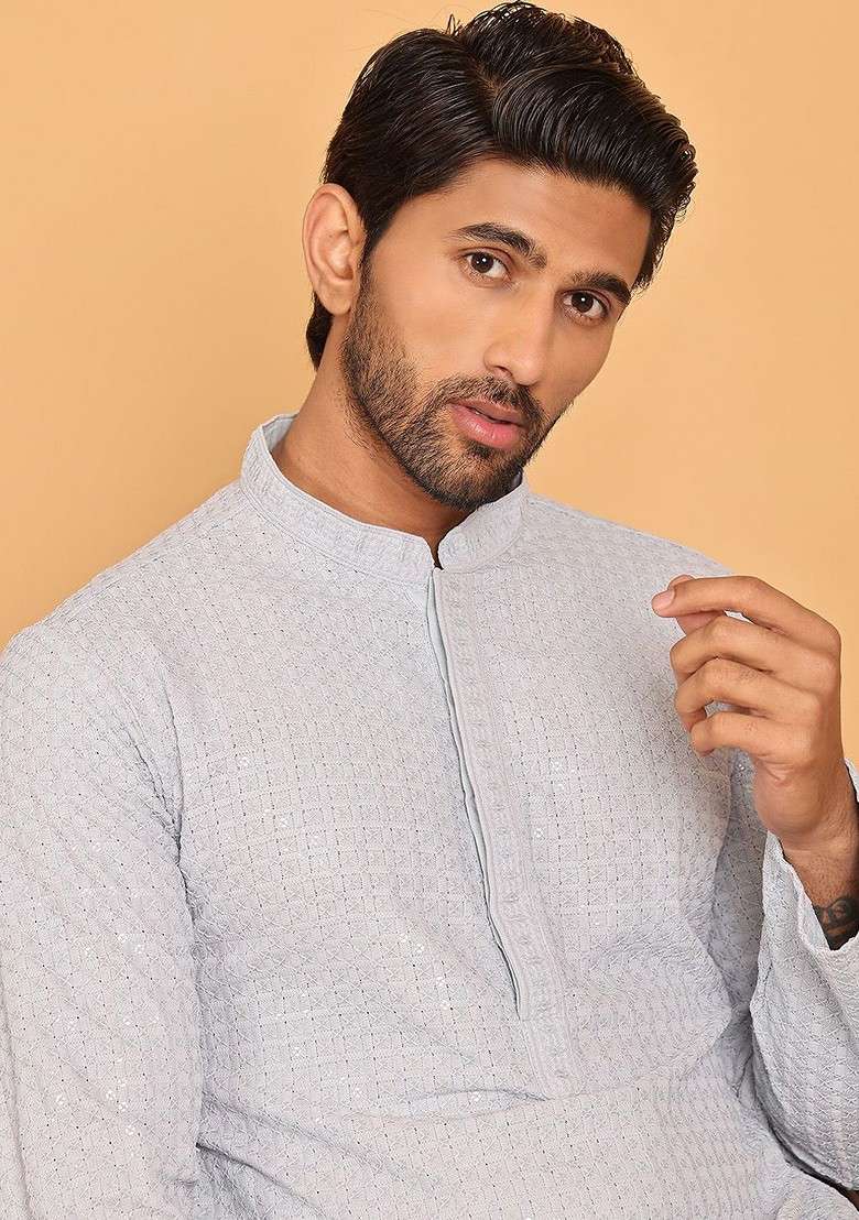 Grey Embroidered Poly Blend Kurta For Men - Indya