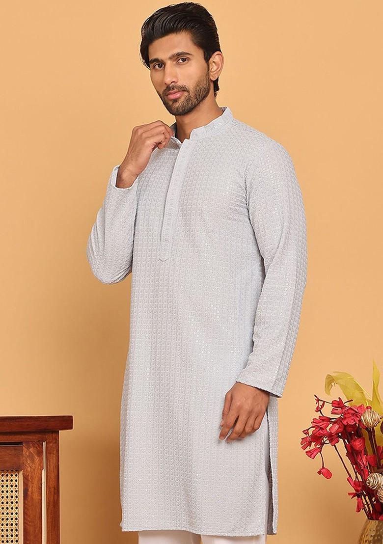 Grey Embroidered Poly Blend Kurta For Men